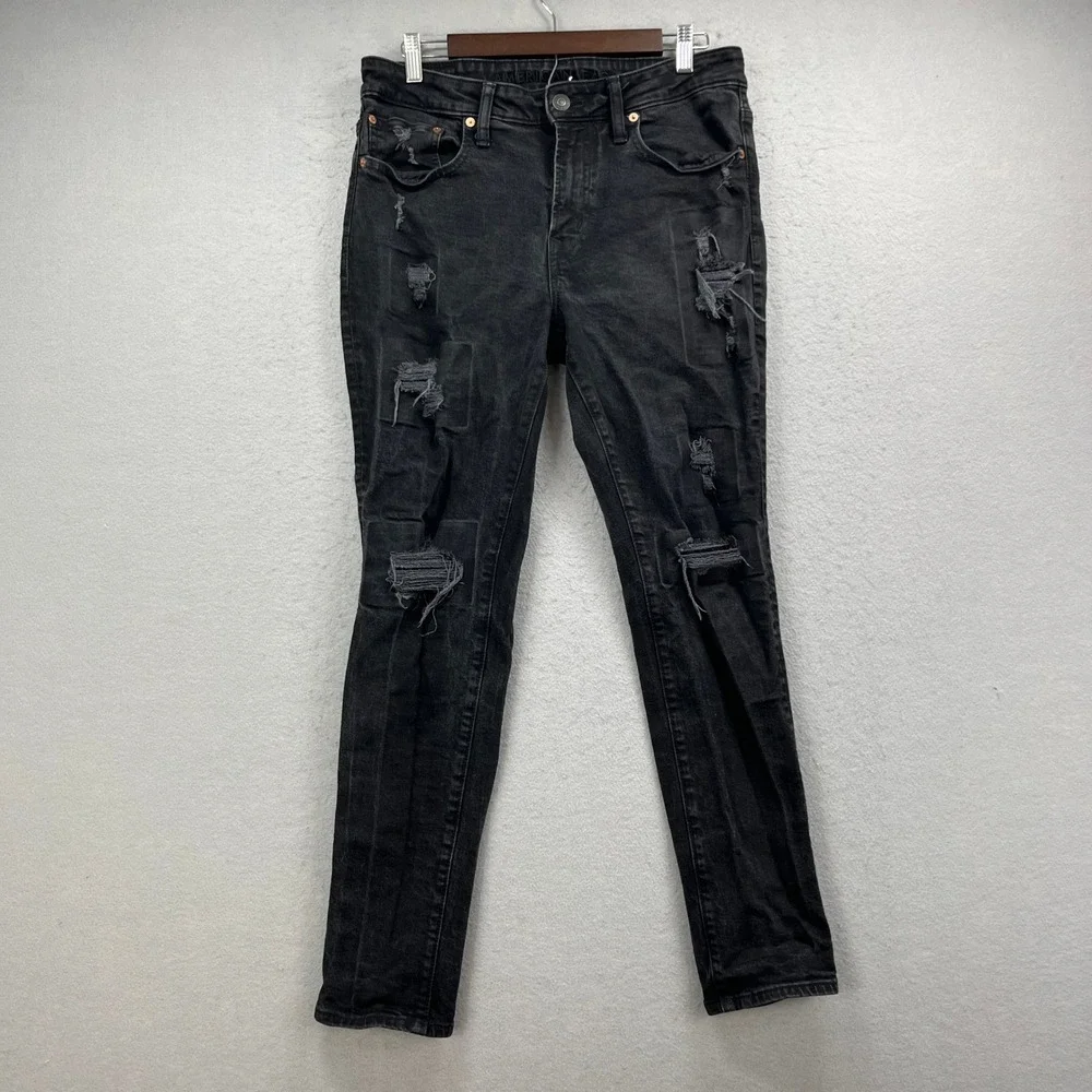 American Eagle Jeans Mens 32x30 Black Athletic Skinny Airflex+ Distressed Ripped